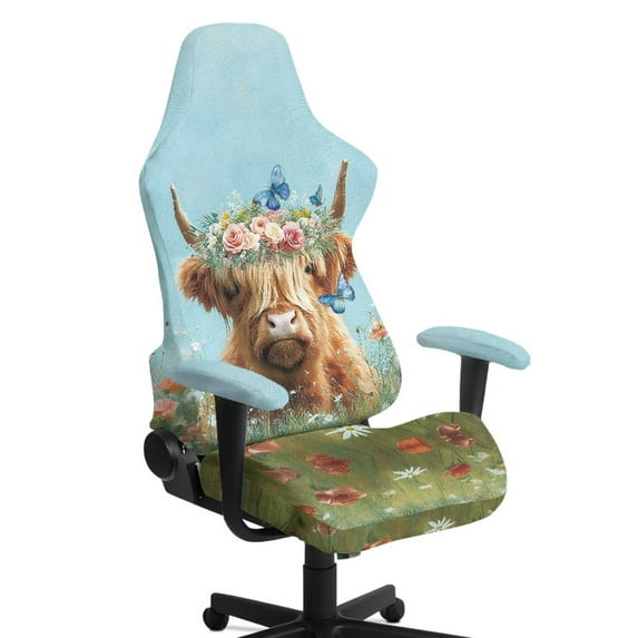 SCRAWLGOD Highland Cow Floral Butterfly Print Green Blue Pattern Gaming Chair Cover with Armrest Cover, Anti Slip Rotating Chair Protection Computer Chair Slipcover with Elastic Band for Home Studio