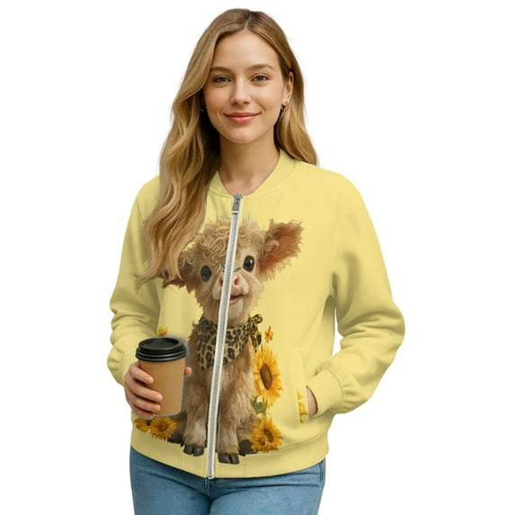 SCRAWLGOD Highland Cow Sunflower Print Yellow Womens Long Sleeve Crewneck Zip Up Sweatshirts Jackets Full Zip Up Lightweight Jacket Casual Loose Outwear Coat with Pockets, XXL