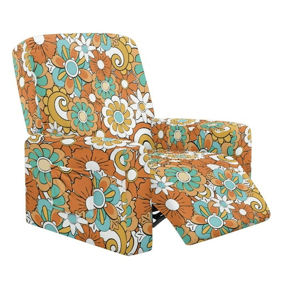 SCRAWLGOD Hippie Flower Orange Recliner Chair Covers Stretch Recliner Slipcovers Reclining Furniture Protector Washable Sofa Couch Cover with Storage Pocket for Pets Dog Cat