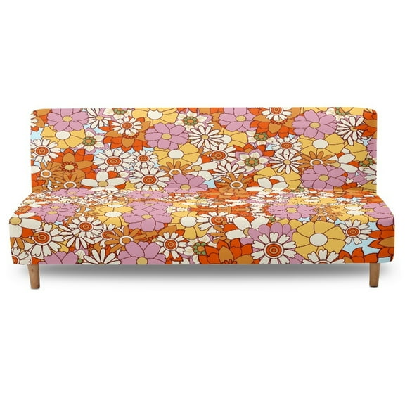 SCRAWLGOD Hippie Flower Print Pink Orange White Armless Futon Cover Comfy Sofa Cover Washable Futon Mattress Covers Dustproof Couch Slipcover Furniture Protector with Elastic Bottom