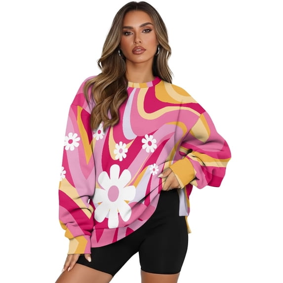 SCRAWLGOD Hippie Flower Print Pink Womens Round Neck Sweatshirts with Pockets Long Sleeve Trendy Pullover Casual Comfy Drop Shoulder Loose Fit Tops Fall Clothes, XL