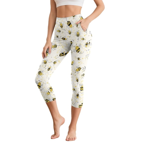 SCRAWLGOD Honeycomb Bee Print Beige Women's Capri Leggings - Active Tummy Control Yoga Leggings with Pockets Breathable High Waisted Yoga Pants Workout Cycling Tights, M