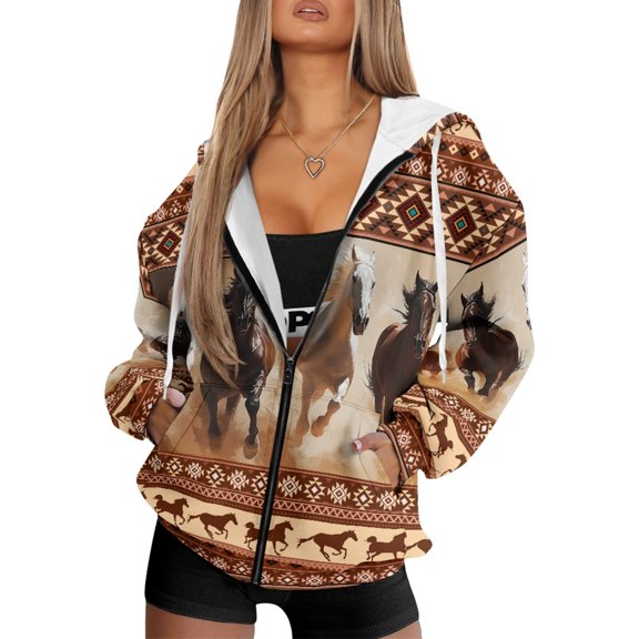 SCRAWLGOD Horse American Tribal Women's Full-Zip Hoodies Loose Fit Elastic Sweater Hooded Drawstring Sweatshirt with Drop Shoulder Design Autumn Winter Fashion Essentials, 4XL