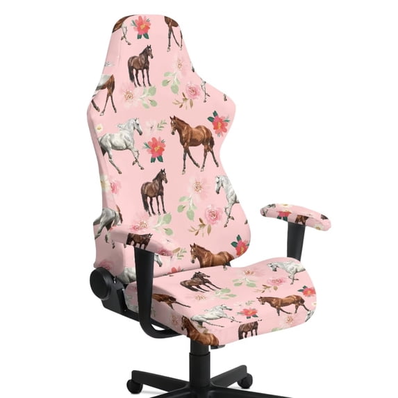 SCRAWLGOD Horse Floral Print Gaming Chair Cover with Armrest Covers Stretch Non Slip Furniture Protector Washable Anti Dust Gamer Chair Slipcover