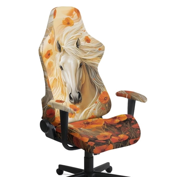 SCRAWLGOD Horse Floral Print Orange Beige Pattern Gaming Chair Cover Pack of 4, Stretchable Chair Seat Protection with Armrest Pad Removable Computer Reclining Chair Protective Slipcover