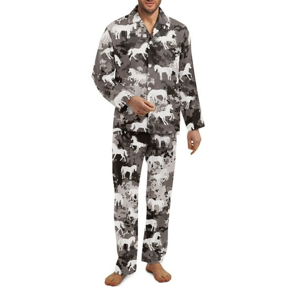 SCRAWLGOD Horse Grey Mens Pajamas Set, 2 Pack Comfortable Notch Collar Pajamas for Men, Lightweight Long Sleeve Mens Sleepwear with Pockets & Elastic Band, S