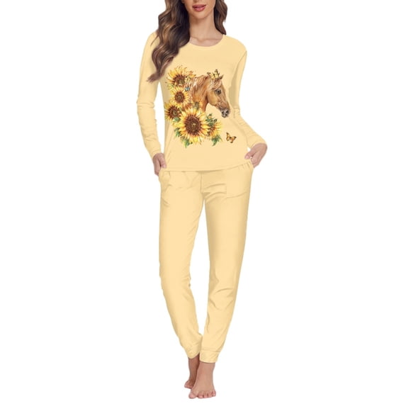 SCRAWLGOD Horse Sunflower Women's Pjs Sets for Women Long Sleeve and Pants Lounge Set Size M Crewneck Women's 2 Piece Pjs Lightweight House Wear for Women