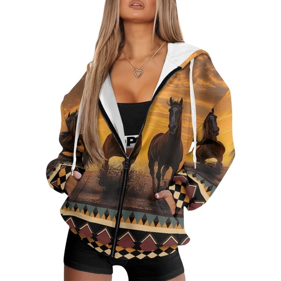 SCRAWLGOD Horse Sunset American Tribal Full Zip Up Trendy Hoodies for Women Oversized Hooded Sweatshirt Comfy Long Sleeve Jacket for Holiday Shopping Work Office Party, 3XL