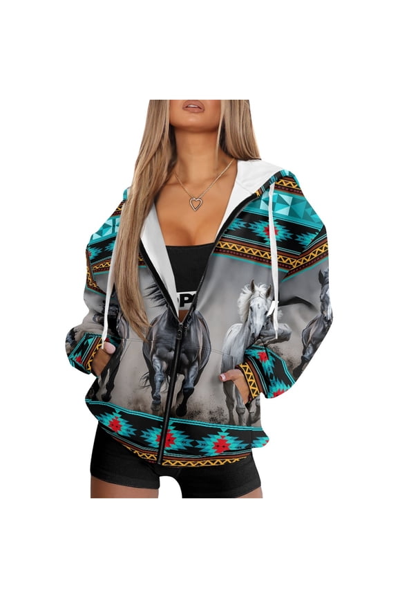 Horse White Black American Tribal Preppy Full-Zip Hoodies for Women Polyester Comfortable Cardigan Autumn Fashion Essentials Hooded Comfy Sweater with Drop Shoulder Design, S