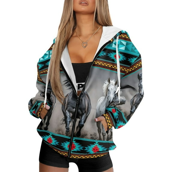 SCRAWLGOD Horse White Black American Tribal Preppy Full-Zip Hoodies for Women Polyester Comfortable Cardigan Autumn Fashion Essentials Hooded Comfy Sweater with Drop Shoulder Design, XXL