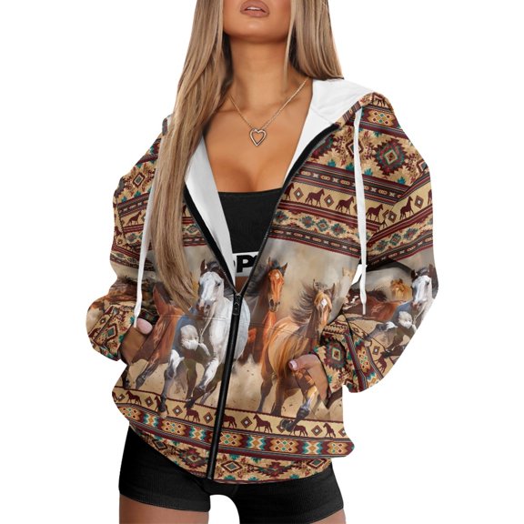 SCRAWLGOD Horse White Brown American Tribal Comfortable Full Zip Up Hoodies for Women Preppy Hooded Drawstring Cardigan Loose Fit Elastic Tops for Holiday School Work Yoga Shopping, M
