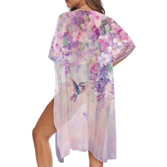 SCRAWLGOD Hummingbird Cherry Blossom Print Kimono Swimsuit Coverup Dragonfly Print Flowy Quick Dry Beach Cover Up Soft Breathable Bathing Suit Cover Up for Women