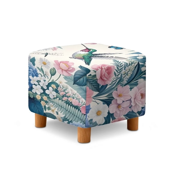 SCRAWLGOD Hummingbird Daisy Floral Leaf Print Ottoman Cover Square Storage Ottoman Slipcover Thick Stretchable Footrest Stool Covers with Elastic Band for Pets, Machine Washable