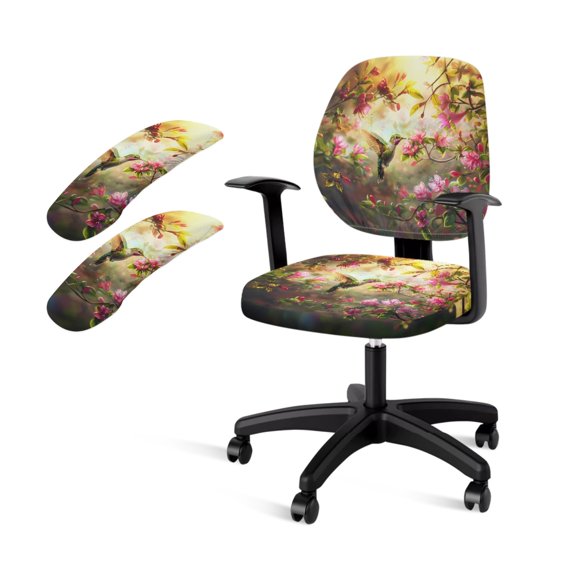 SCRAWLGOD Hummingbird Floral 4 Pieces Set Soft Computer Chair Slipcover with Armrest Protector Stretch Swivel Chair Covers Breathable Universal Boss Chair Cover