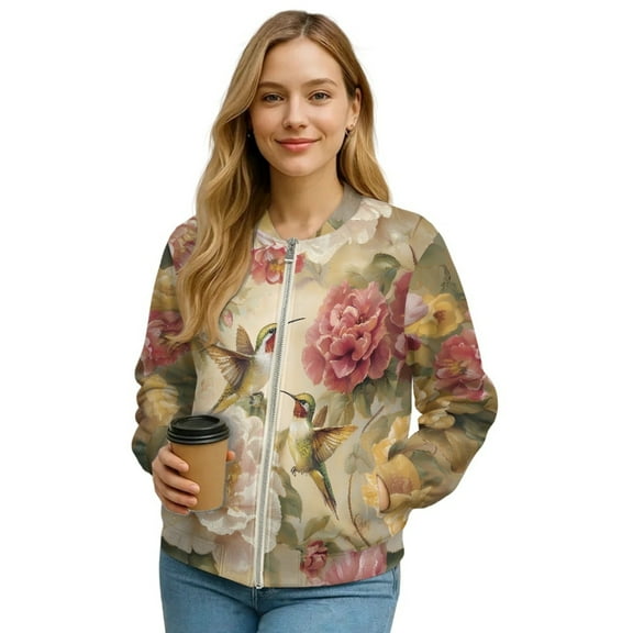 SCRAWLGOD Hummingbird Floral Print Full Zip Up Sweatshirt for Women Crewneck No Hood Fall Winter Trendy Casual Loose Long Sleeve Workout Jacket with Pockets for Daily Wear, M