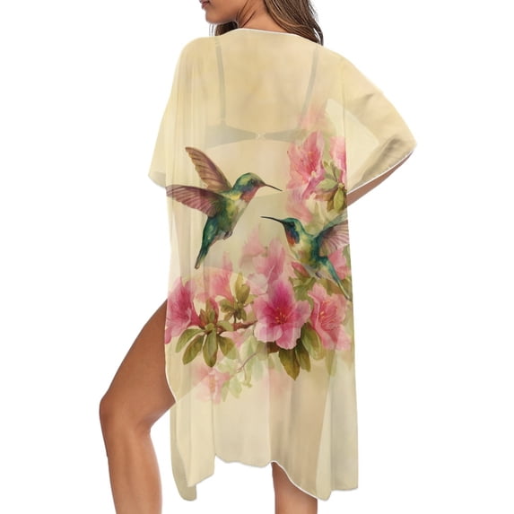 SCRAWLGOD Hummingbird Floral Print Kimono Swimsuit Coverup Casual Loose Beach Cover Up Soft Quick Dry Bathing Suit Cover Up for Women