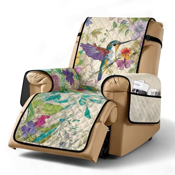 SCRAWLGOD Hummingbird Floral Print Recliner Cover Non Slip Recliner Chair Cover with Pocket Washable Reclining Slipcover for Cats