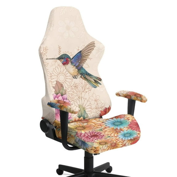 SCRAWLGOD Hummingbird Flower Print Light Brown Beige Pattern Gaming Chair Cover Set of 4, Rotating Chair Slipcover Covers with Elastic Bottom Computer Reclining Chair Slipcover with Armrest Cover