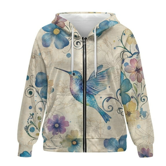 SCRAWLGOD Hummingbird Flower Women Hoodies with Zipper Hoodies for Women Plus Size 3XL Long Sleeve Women Oversized Sweatshirt Casual Zip Hoodies for Women Trendy