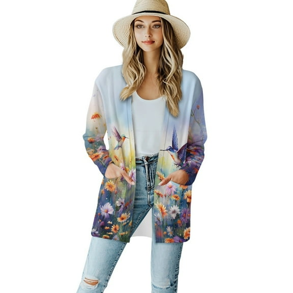 SCRAWLGOD Hummingbird Flowers Open Front Long Cardigans for Women Trendy Fall with Pockets Size M Long Sleeve Sweater Coat with Pockets Elastic Women Jackets Casual