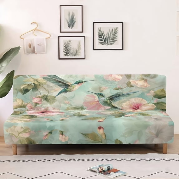 SCRAWLGOD Hummingbird Hibiscus Floral Print Sofa Cover with Elastic Bottom Armless Futon Slipcovers Dustproof Soft Couch Covers Anti Scratch for Living Room