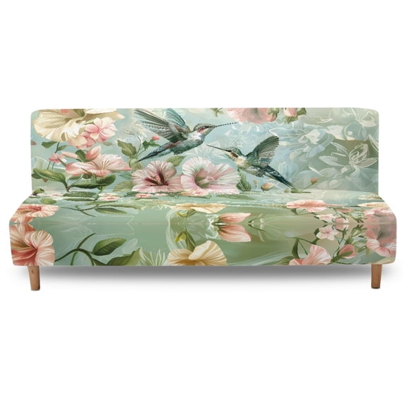 SCRAWLGOD Hummingbird Hibiscus Print Green Armless Futon Covers Futon Slipcovers Non-Slip Couch Cover Sofa Bed Protector, Sleeper Sofa Cover with Elastic Bottom, Machine Washable