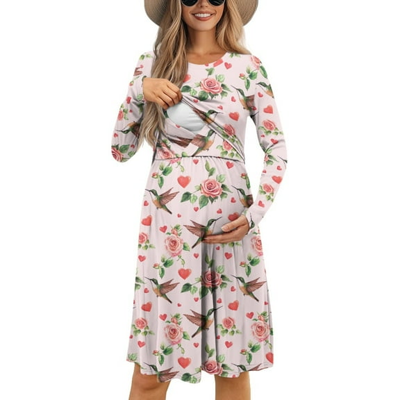 SCRAWLGOD Hummingbird Maternity Dress for Women Long Sleeve Nursing Flower Dresses Size M Round Neck Breast Feeding Dresses for Women Fall Clothes Soft Ladies Swing Dresses