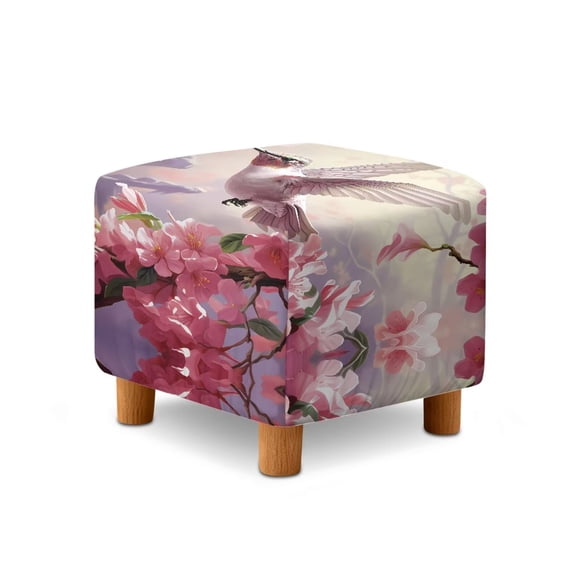 SCRAWLGOD Hummingbird Peach Blossom Print Ottoman Cover Stretch Square Ottoman Slipcover for Foot Stool, Anti-Scratch Folding Storage Furniture for Living Room with Nonslip Elastic Bottom