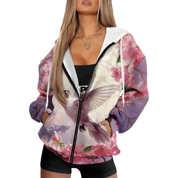 SCRAWLGOD Hummingbird Peach Blossom Women's Full-Zip Hoodies Streetwear Stylish Sweatshirt with Relaxed Shoulder Elastic Sweater for Date Nights, Family Gatherings, Exercising, S