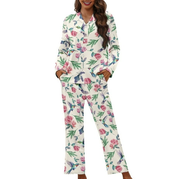 SCRAWLGOD Hummingbird Pjs for Women Flower Pajamas Womens Long Sleeve 2 Piece Lounge V Neck Button Down Pajama Top Size M Stretchy Loungewear Sets Women Fall
