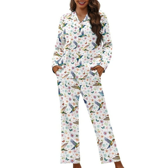 SCRAWLGOD Hummingbird Pjs for Women Pajama Sets Long Sleeve Tops and Pants for Women V Neck 2 Piece Button Up Pajamas Size L Soft Graphic Pajamas Ladies
