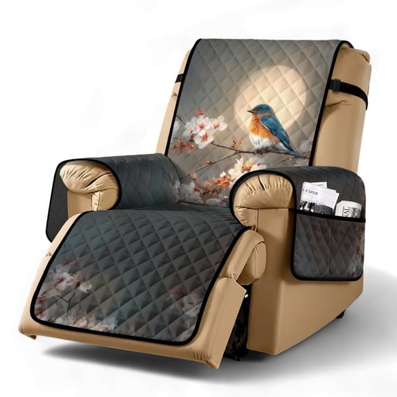 SCRAWLGOD Hummingbird Print Recliner Chair Cover Cherry Blossom Print Universal Removable Furniture Protector Washable Non Slip Recliner Chair Cover with Pocket