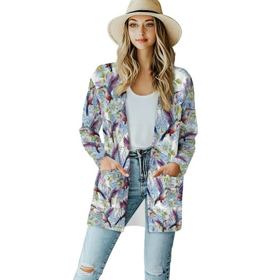 SCRAWLGOD Hummingbird Women's Cardigan Sweaters Lightweight Coat for Women Casual Long Sleeve Sweatshirt Cardigan Women Open Front Size S Comfy Cardigans for Women Travel