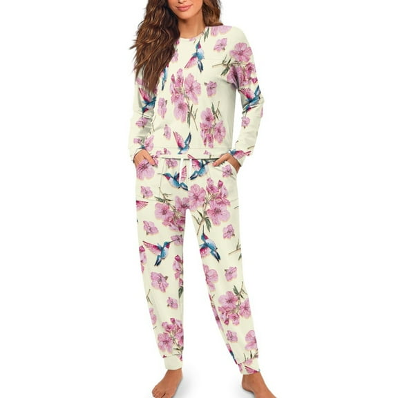 SCRAWLGOD Hummingbird Womens Floral Pajamas Sets for Women Soft Comfy House Wear for Women Size 2XL Crewneck 2 Piece Lounge Breathable Women Pj Fall