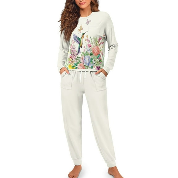 SCRAWLGOD Hummingbird Womens Floral Pajamas for Women Set Long Sleeve Tops and Pants Crewneck 2 Piece Pjs Lightweight Sleepwear Sets for Women Yoga Size M
