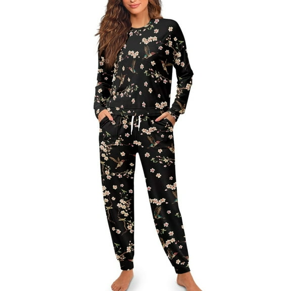 SCRAWLGOD Hummingbird Womens Floral Pj Set of 2 Pajamas for Women Long Sleeve Pants and Top Crewneck Ladies Pjs Size XL Comfortable Printed Pajama Set for Women