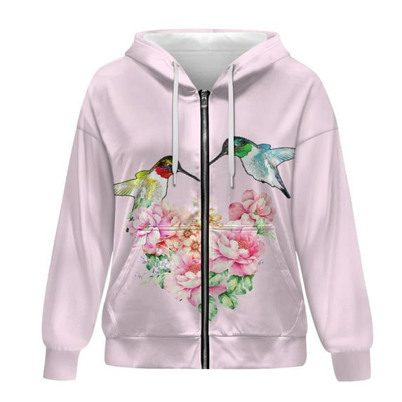 SCRAWLGOD Hummingbirds Flower Woman Zip Hoodie for Women Hooded Zipper Sweatshirts Long Sleeve Oversized Zipper Sweater for Women Vacation Lightweight Zipup Hoodie Women Plus Size XS