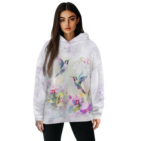 SCRAWLGOD Hummingbirds Flowers Hoodie Pullover Women Hoodies Oversized Graphic Long Sleeve Winter Tops Soft Sportswear Hoodie Women Plus Size Graphic Hoodies Designs Pullover Size M