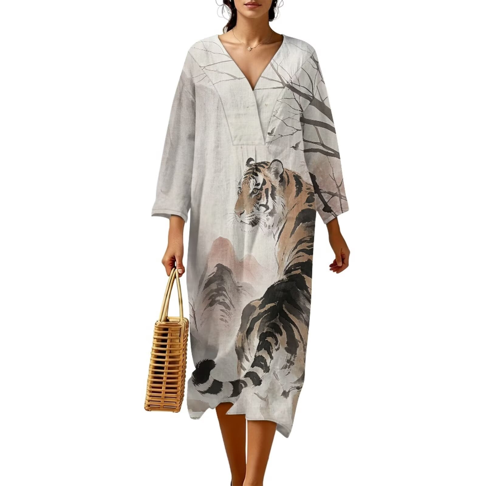 SCRAWLGOD Ink Painting Branch Tiger Print Womens Linen Textured Dresses ...