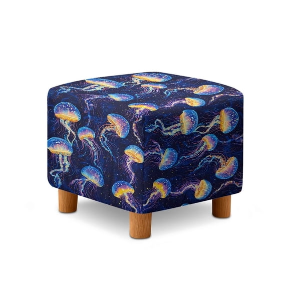 SCRAWLGOD Jellyfish Print Navy Blue Ottoman Cover Square Footrest Sofa Slipcovers Soft Stretch Stool Cover with Elastic Band Footstool Protector Covers for Living Room