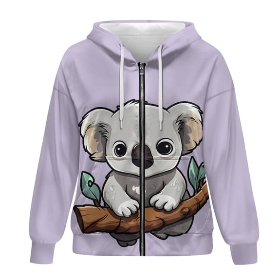 SCRAWLGOD Koala Women's Zip Up Hoodie Plus Size XS Graphic Sweatshirt for Women Long Sleeve Women Oversized Sweater Lightweight Zip Up Hoodies with Pockets for Vacation