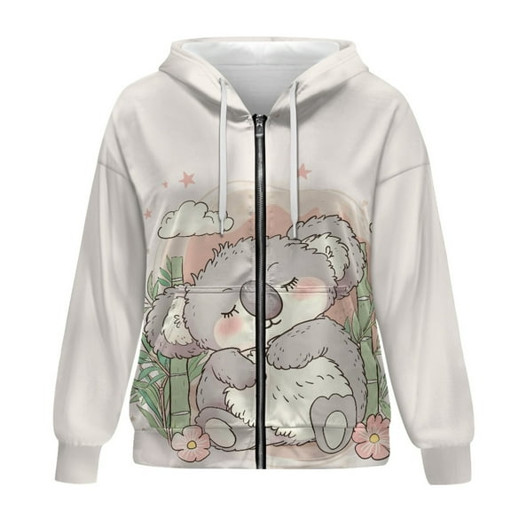 SCRAWLGOD Koala Zippered Hoodies for Women Zip Up Hoodie Oversized Sweaters Long Sleeve Women Plus Size M Trendy Clothes Breathable Hooded Zipper Sweatshirt Women Walks
