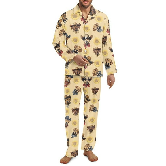 SCRAWLGOD Labrador Sunflower Print Beige 2 Pieces Mens Pajama Set, Soft Notch Collar Long Sleeve Sleepwear with Pockets, Cozy Wrinkle-Free Lightweight Button-Down Pjs for Men, M