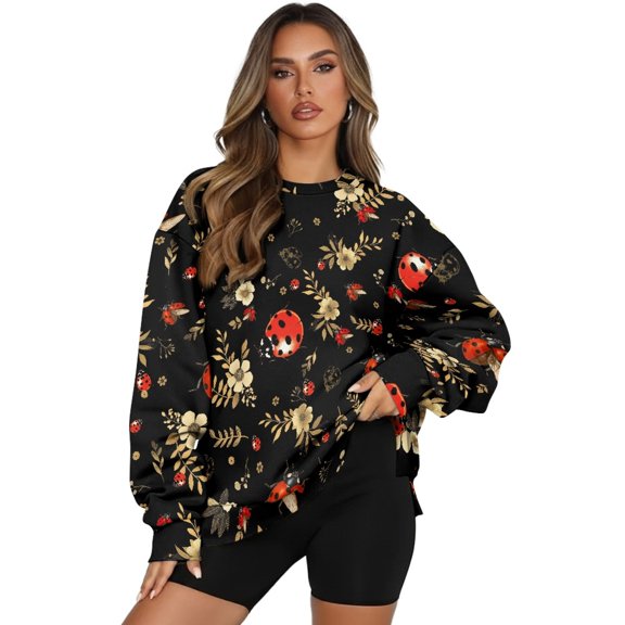 SCRAWLGOD Ladybug Floral Black Fashion Sweatshirt for Women Long Sleeve Tops with Pockets Crewneck Comfy Fall Winter Clothes Drop Shoulder Oversized Pullovers, XL
