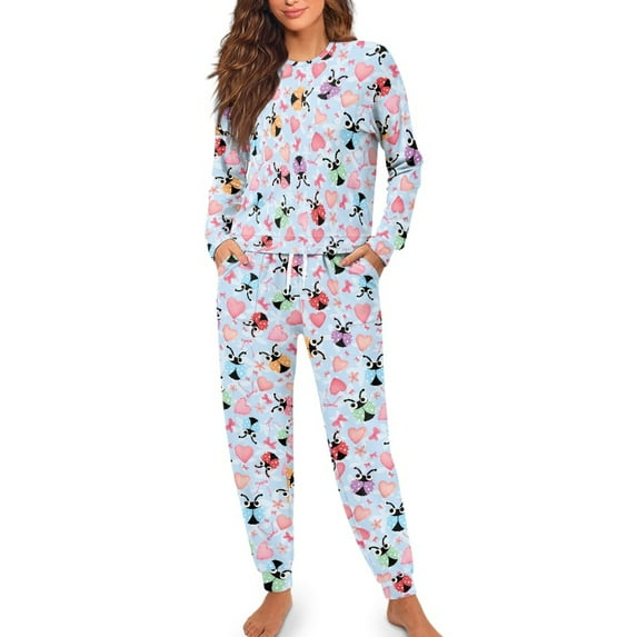SCRAWLGOD Ladybug Heart Bow Blue Women's Long-Sleeve Tops and Full-Length Pajama Set with Breast-Pocket Two-Piece Wrinkle-Free Comfy Casual Pjs with Pockets Drawstring, S
