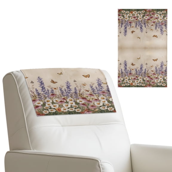 SCRAWLGOD Lavender Daisy Butterfly Beige 3 Piece Head Rest Cover for Recliner 17x27 in Recliner Headrest Protector Waterproof PU Leather Couch Chair Head Protector for Sofa