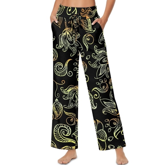 SCRAWLGOD Leaf Floral Print Black Women Flowy Pants Drawstring High Waisted Wide Leg Palazzo Pants Loose Lightweight Stylish Lounge Trousers with Pockets, L