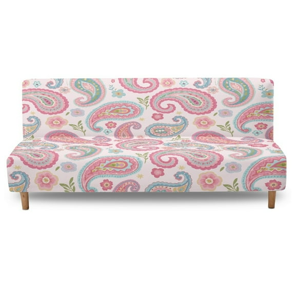 SCRAWLGOD Leaf Floral Print Pink Stretch Armless Futon Cover, Machine Washable Futon Couch Cover with Elastic Bottom, Dust Proof Sofa Cover, Soft Furniture Bed Protector