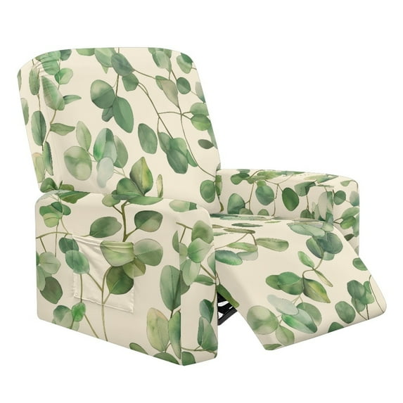 SCRAWLGOD Leaf Print Beige Recliner Cover with Pockets, Single Reclining Slipcover 4-Pieces Recliner Armchair Cover with Elastic Band for Recliner Furniture Protector for Pet