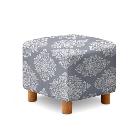 SCRAWLGOD Leaf Print Gray Ottoman Cover Square Stretch Ottoman Slipcover Thick Storage Footrest Stool Covers with Elastic Band Furniture Protector for Pets